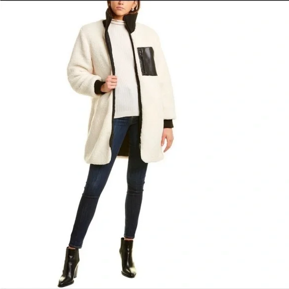 NVLT Anthropologie cream sherpa fleece longline jacket w/ faux leather accent - Picture 5 of 12